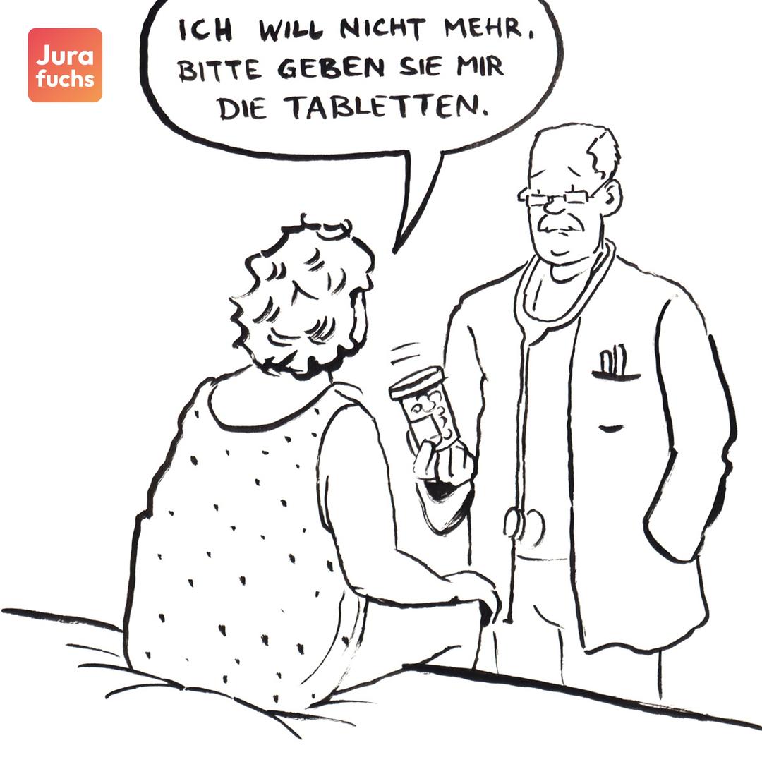 Jurafuchs Illustration: D bittet Arzt H nach Tabletten, um ihr Leben zu beendet, welche H ihr gibt. 