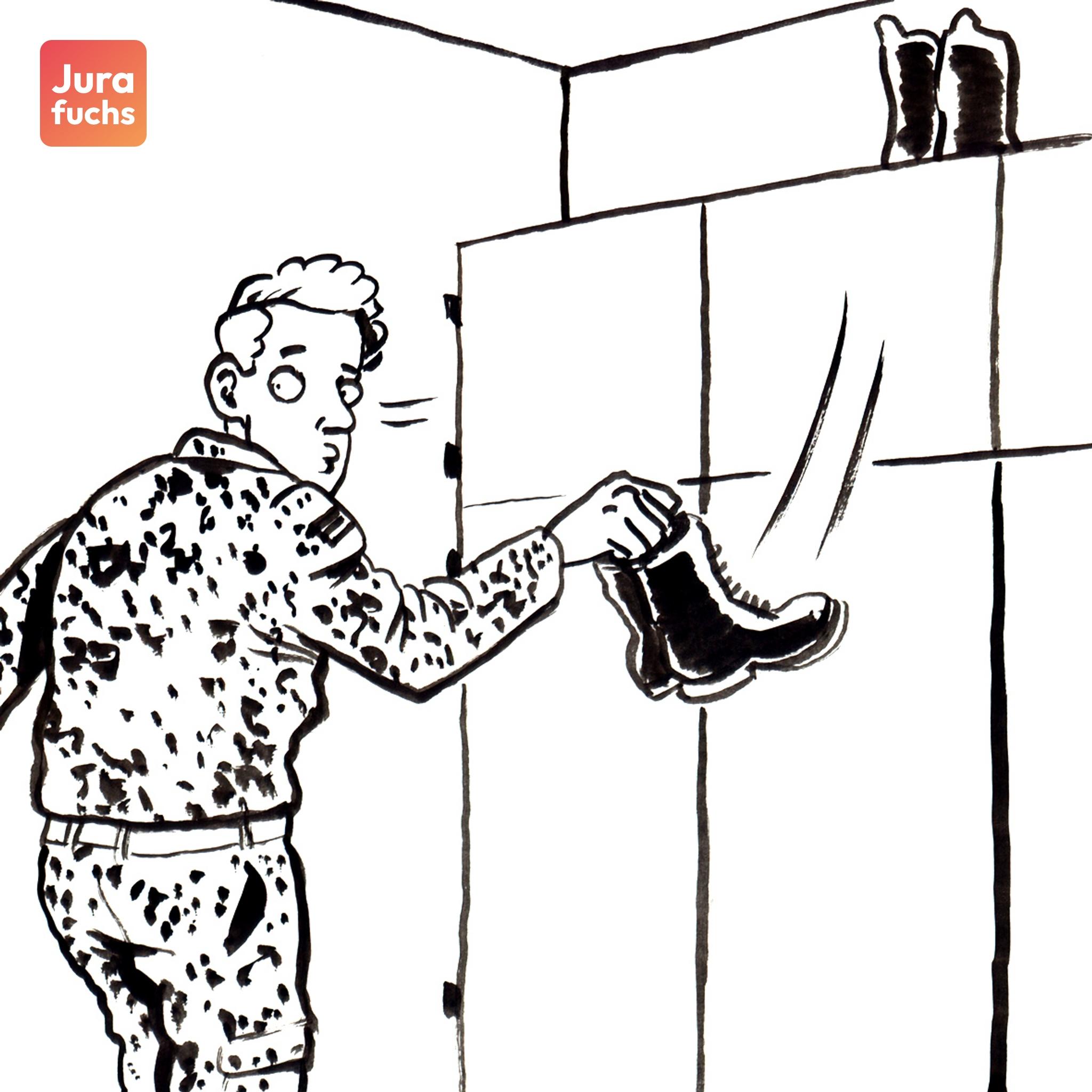 Jurafuchs Illustration: Soldat S tauscht heimlich seine Stiefel gegen andere aus. 