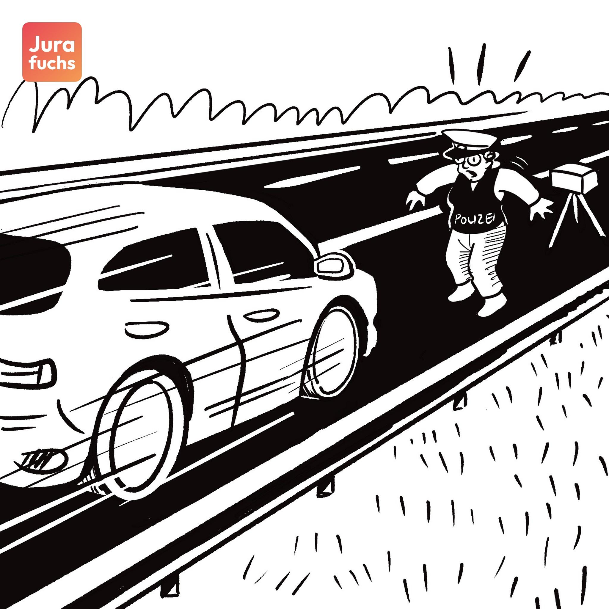 Jurafuchs Illustration: R rast in ihrem Auto auf Polizisten P zu, die gerade auf dem Seitenstreifen eine Radarkontrolle durchführt. 