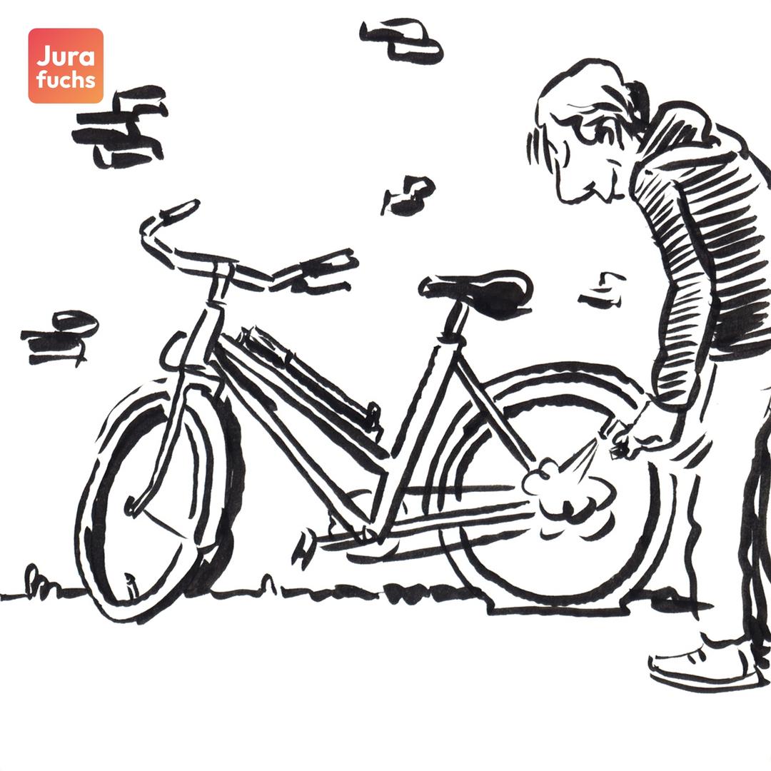 Jurafuchs Illustration zum Fall zur Sachbeschädigung (§ 303 StGB) durch Ablassen von Luft aus einem Fahrradreifen: Eine Person entlässt aus dem Hinterreifen eines Fahrrads die Luft.