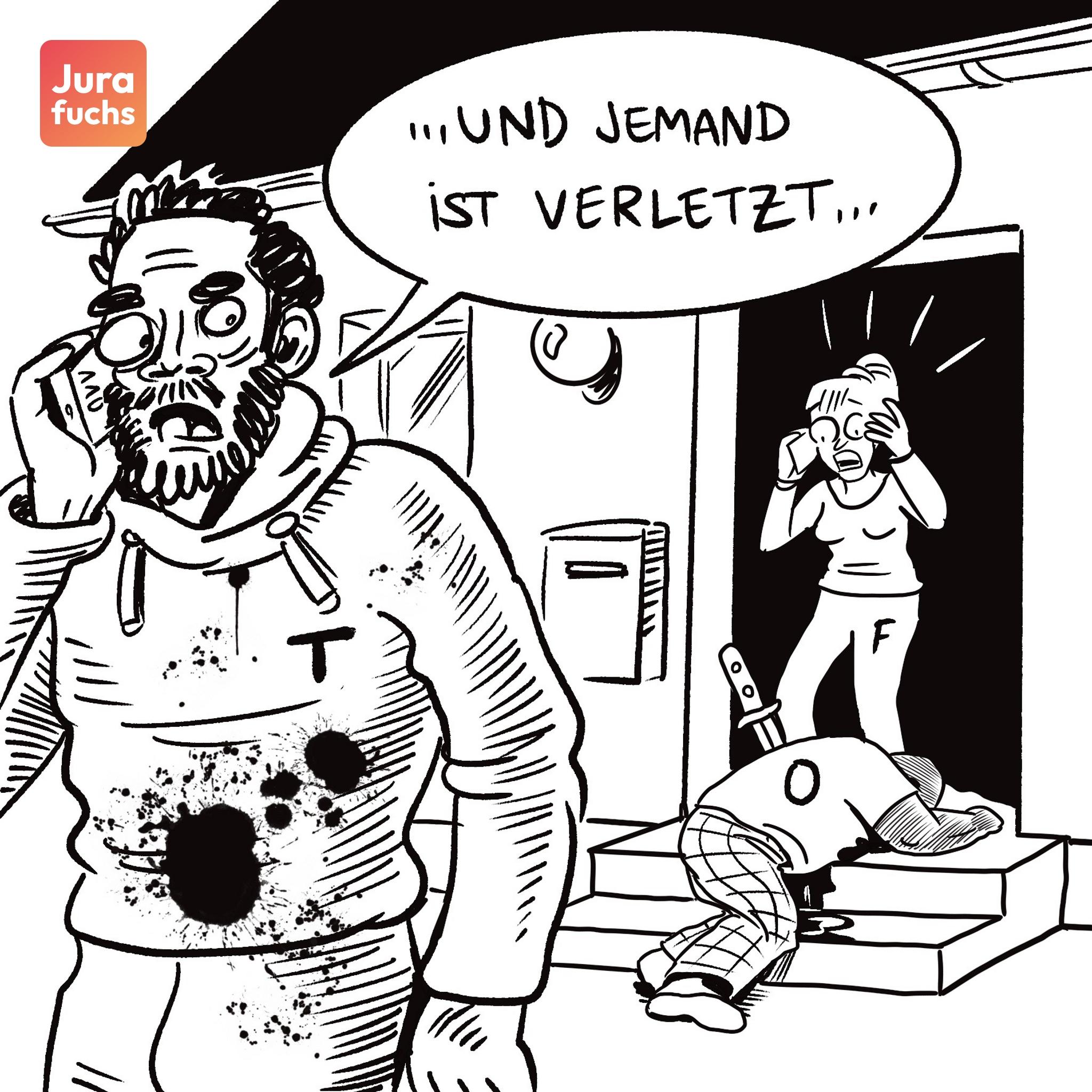 Jurafuchs Illustration: T hat gerade O erstochen. Sowohl T als auch Os Frau F rufen für O den Notruf. 