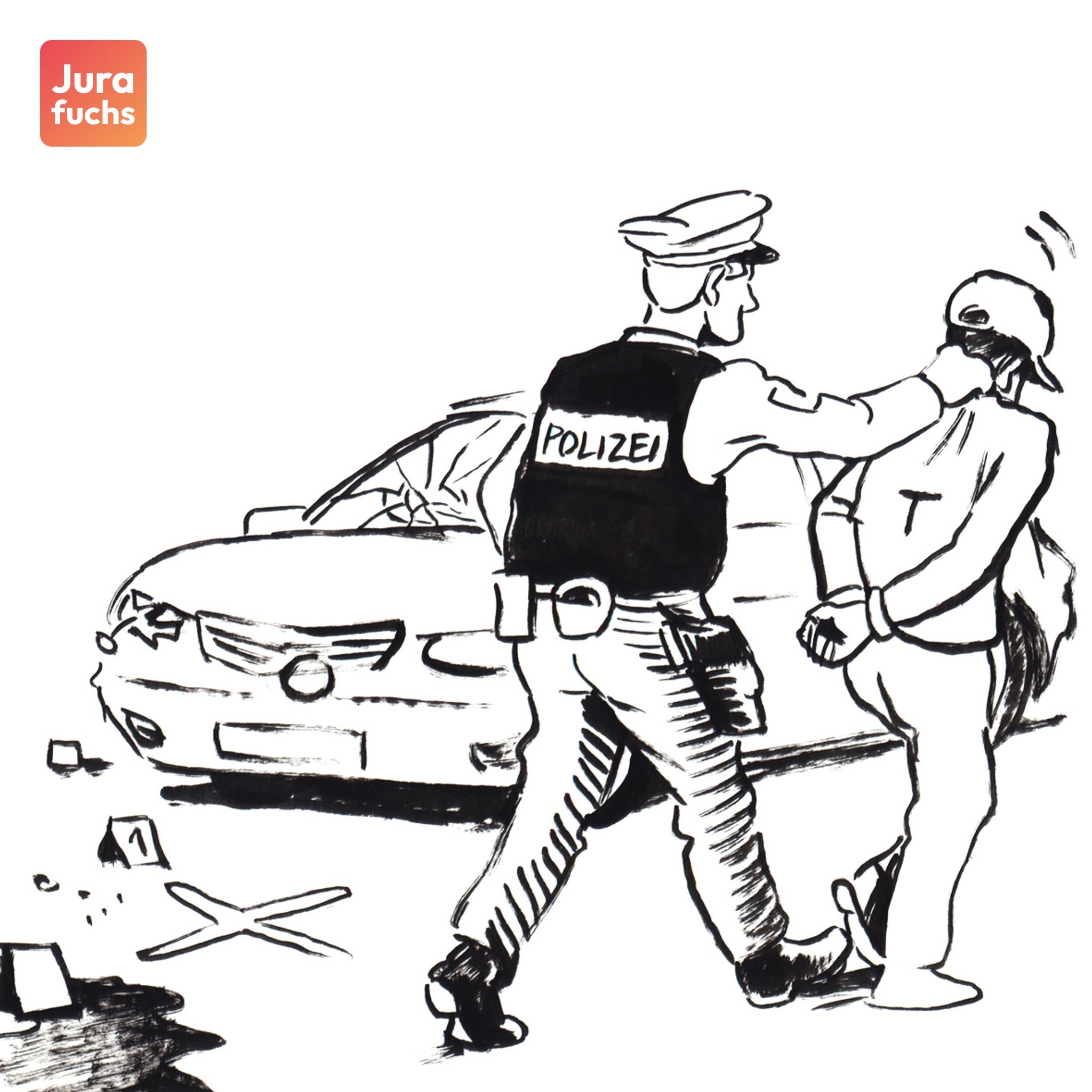 Jurafuchs Illustration: Ein Polizeibeamter führt T ab, der gerade mit einem Auto jemanden getötet hat. 