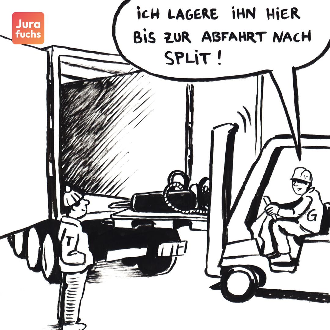 Jurafuchs Illustration: G läuft einen Hydraulikhammer, den T gestohlen hat, in einem LKW zur Lagerung. 