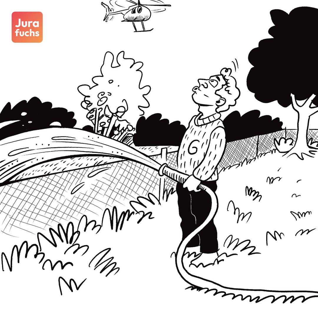 Illustration zur Verwertungskondition, auf der ein Mann zu sehen ist, der unbeabsichtigt den Garten seiner Nachbarin bewässert.