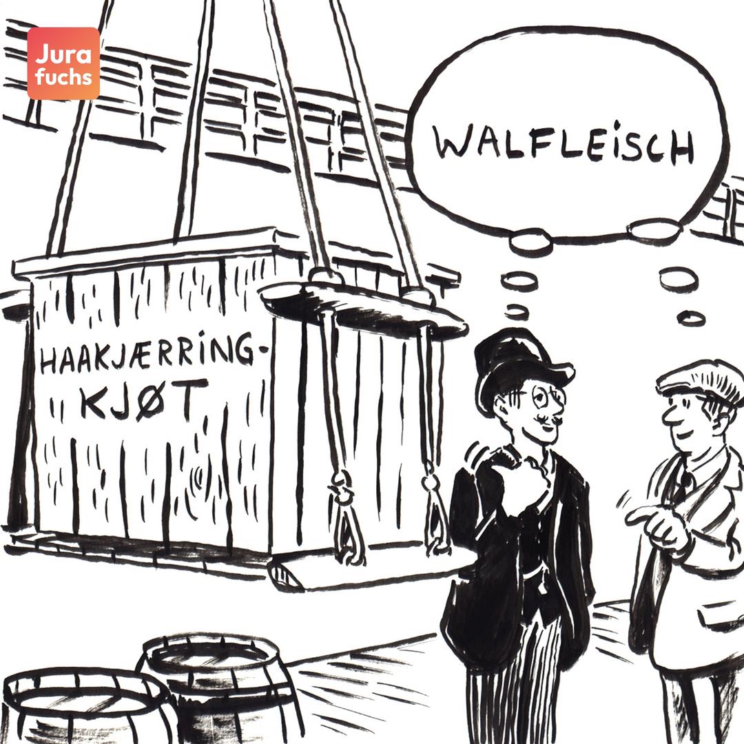 Jurafuchs Illustration zum Haakjöringsköd-Fall (RGZ 99, 147): Zwei Personen einigen sich über den Kauf einer Kiste „Haakjöringsköd“. 