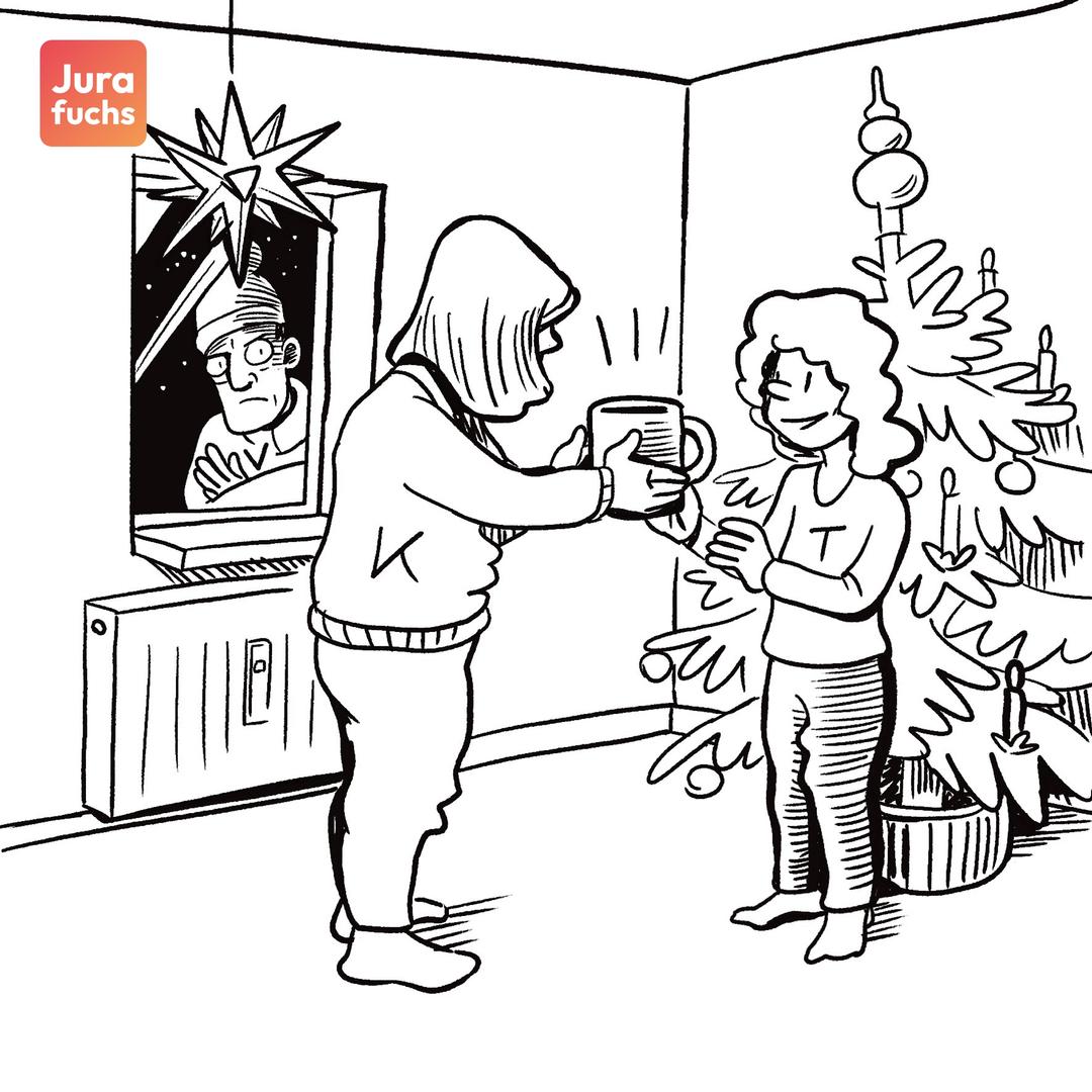 K schenkt ihrer Tochter eine Tasse unterm Weihnachtsbaum. V schaut wütend durchs Fenster hinein.