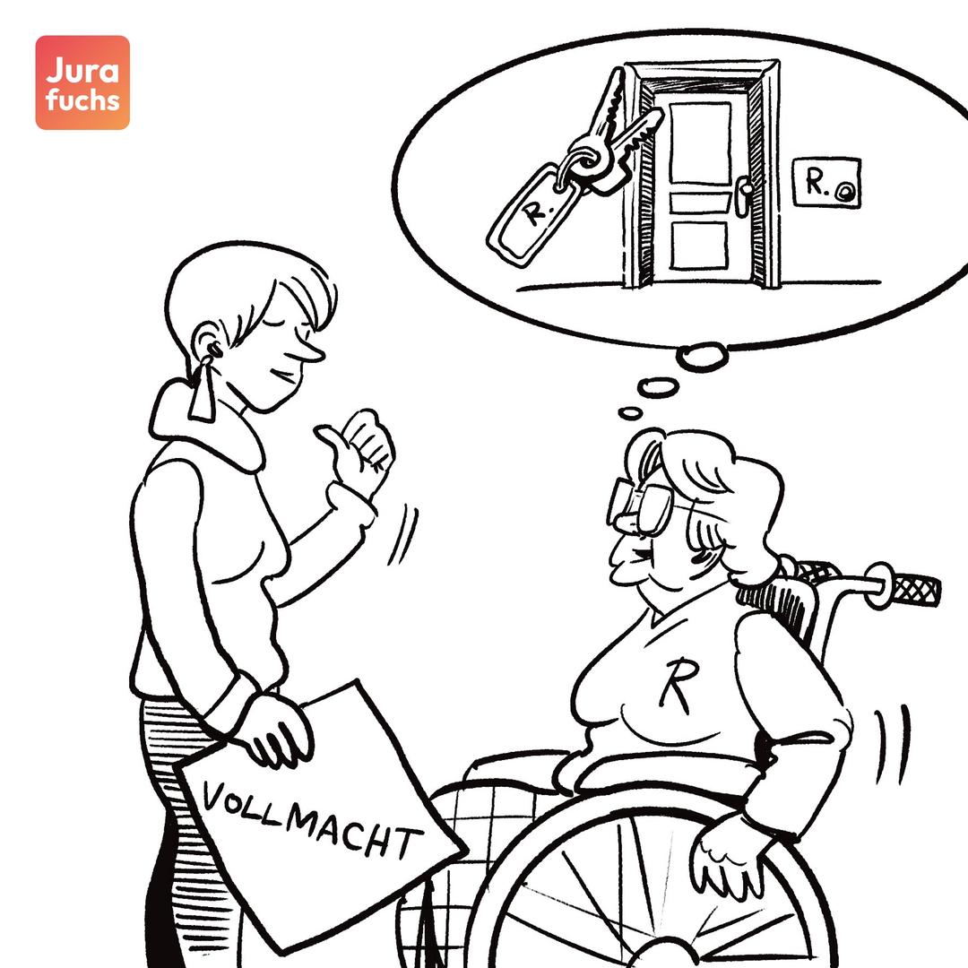 Jurafuchs-Illustration zum Grundfall: Eine junge Frau hat eine Vollmacht in der Hand. Ihr gegenüber sitzt eine alte Frau im Rollstuhl. Die ältere Frau hat die jüngere gebeten, eine Wohnung in ihrem Namen zu mieten.