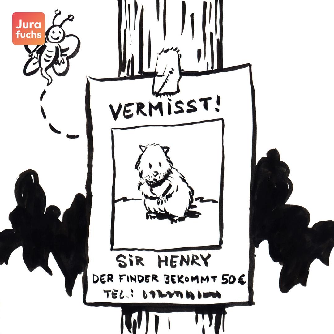 Jurafuchs-Illustration zum Fall zum einseitigen Rechtsgeschäft (Auslobung, § 657 BGB): Auf einem Aushängeplakat befindet sich das Bild eines Hamsters. Darunter steht, dass der Hamster Sir Henry gesucht werde und es einen Finderlohn von 50€ gäbe.
