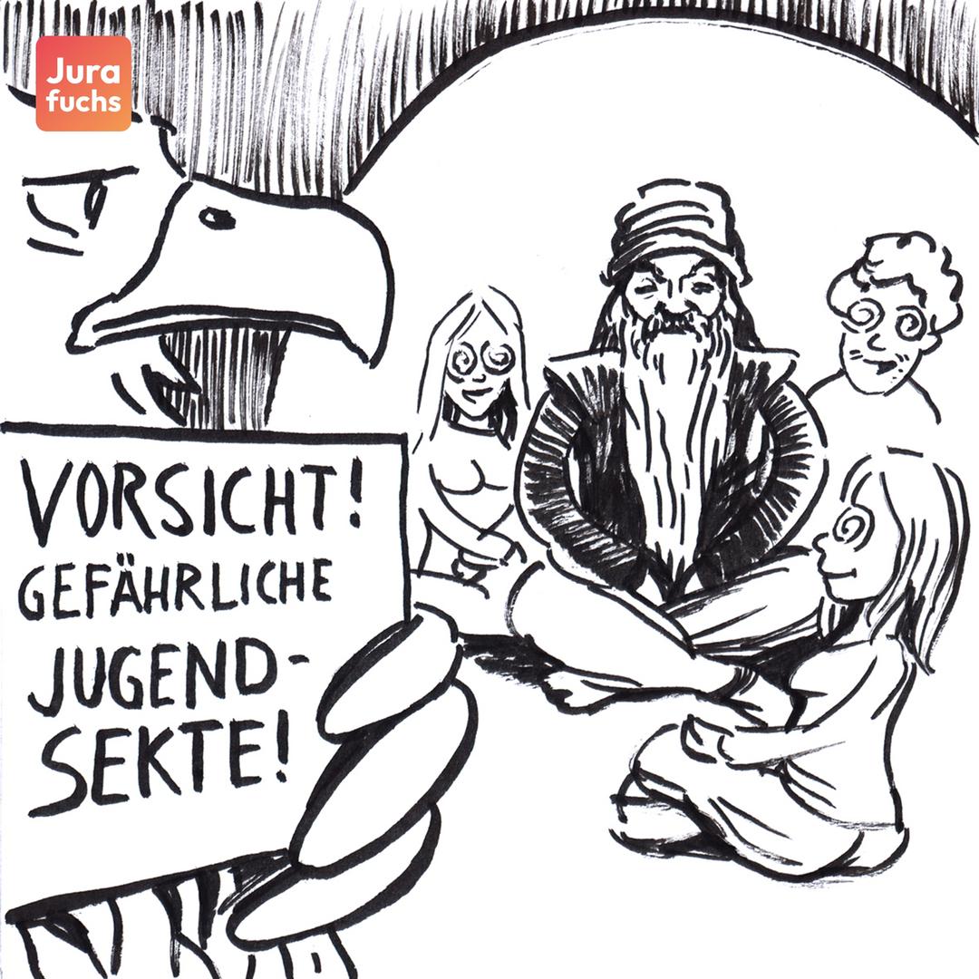 Jurafuchs Illustration zum "Osho"-Fall (BVerfG 26.6.2002 , 1 BvR 670/91): Mitglieder der Bundesregierung in Form eines Adlers bezeichnen die Osho-Bewegung als gefährliche Jugendsekte.