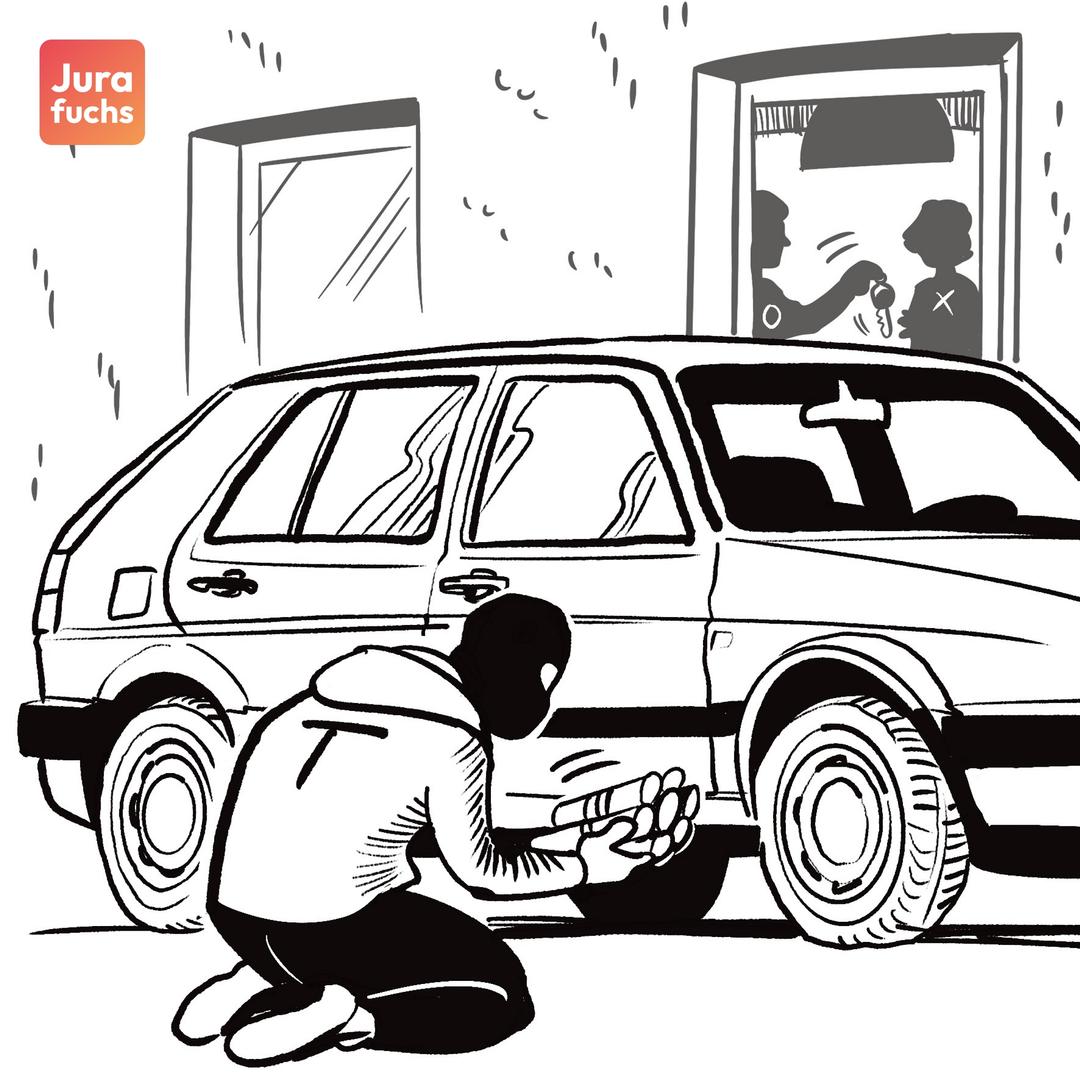 Jurafuchs Illustration: T bringt an einem Auto Sprengstoff an. 