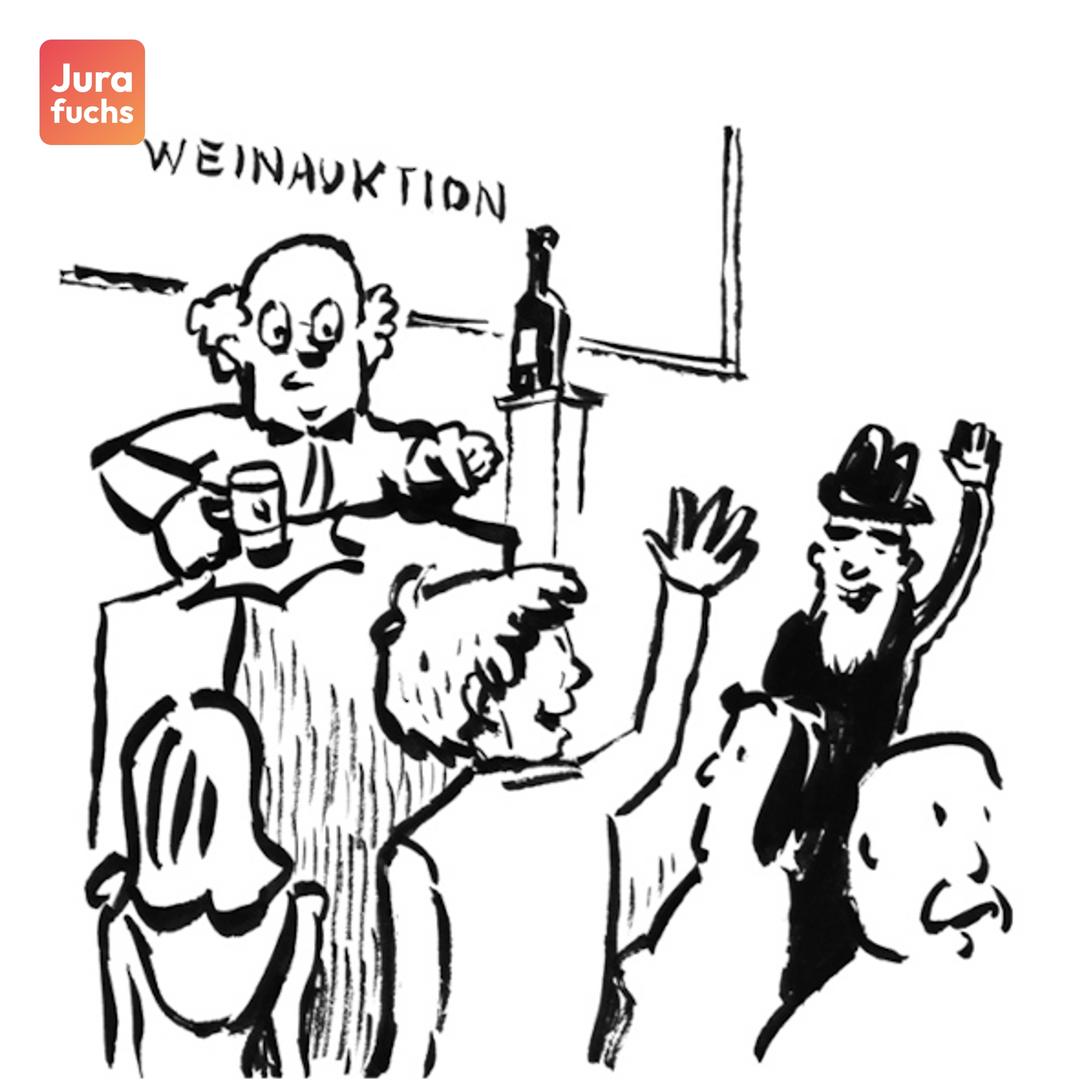 Jurafuchs Illustration zur Trierer Weinversteigerung: Bei einer Auktion winkt ein Teilnehmer seinem Freund, ohne zu wissen, dass das Handheben als Gebot wahrgenommen wird