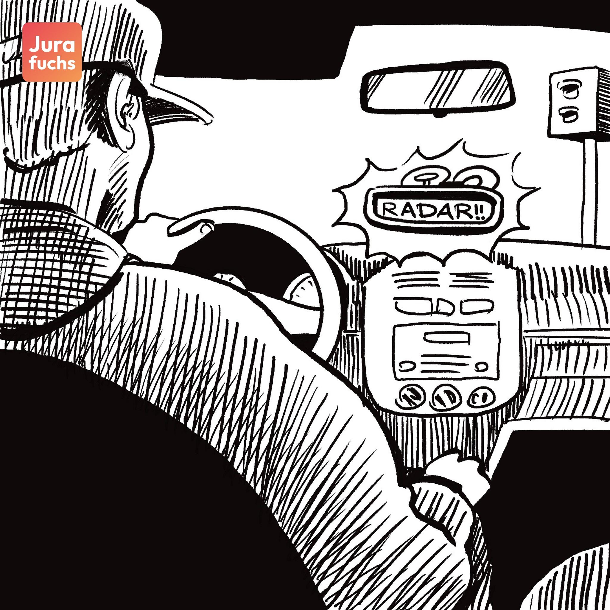 Jurafuchs-Illustration zum Fall zum Radarwarngerät als Fallgruppe: Ein Mann fährt ein Auto, in dem ein Radarwarngerät angebracht ist.