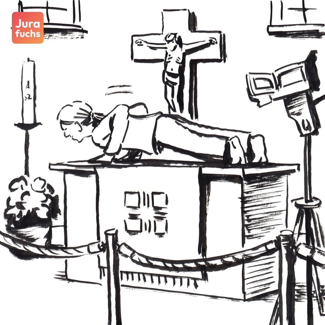 Jurafuchs Illustration: T macht auf einem Altar, der sich hinter einem abgesperrten Bereich befindet, Liegestütze und filmt sich dabei. 