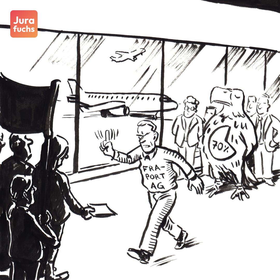 Jurafuchs Illustration zum Fraport-Urteil (BVerfG, 22.02.2011): Ein Demonstrant erhält Hausverbot von der Fraport-AG, die zu 70% im Eigentum der öffentlichen Hand liegt.