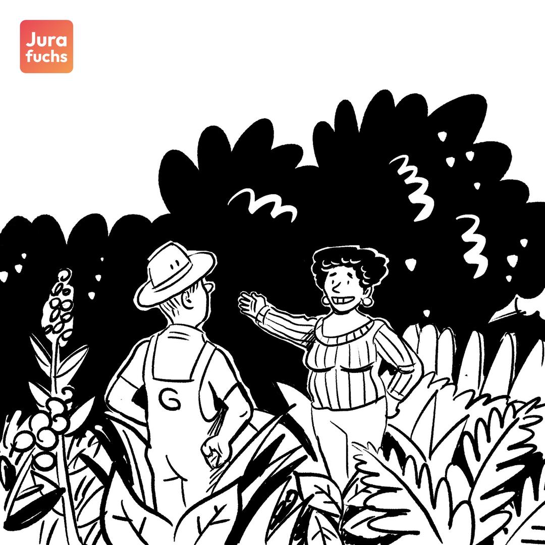 Jurafuchs-Illustration zum Fall zur stillschweigend vereinbarten Vergütung, § 612 Abs. 1 BGB: Zwei Personen stehen in einem wild bepflanzten Garten.