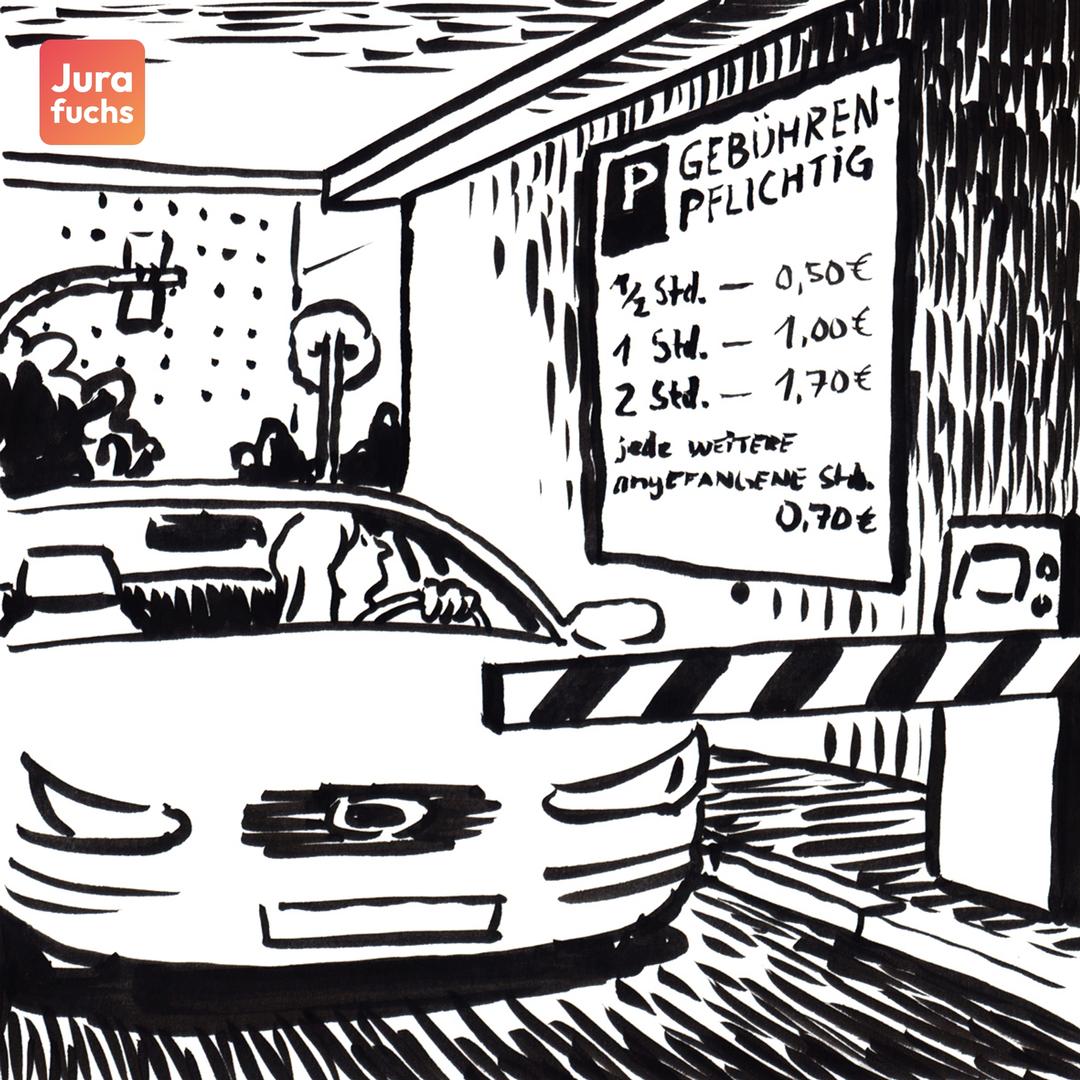 Jurafuchs Illustration zum Hamburger Parkplatzfall (BGH 14.7.1956 , V ZR 223/54 , NJW 1956, 1475): F fährt durch die Schranke in ein Parkhaus. In der Einfahrt sind auf einem Plakat die Parkgebühren aufgelistet.